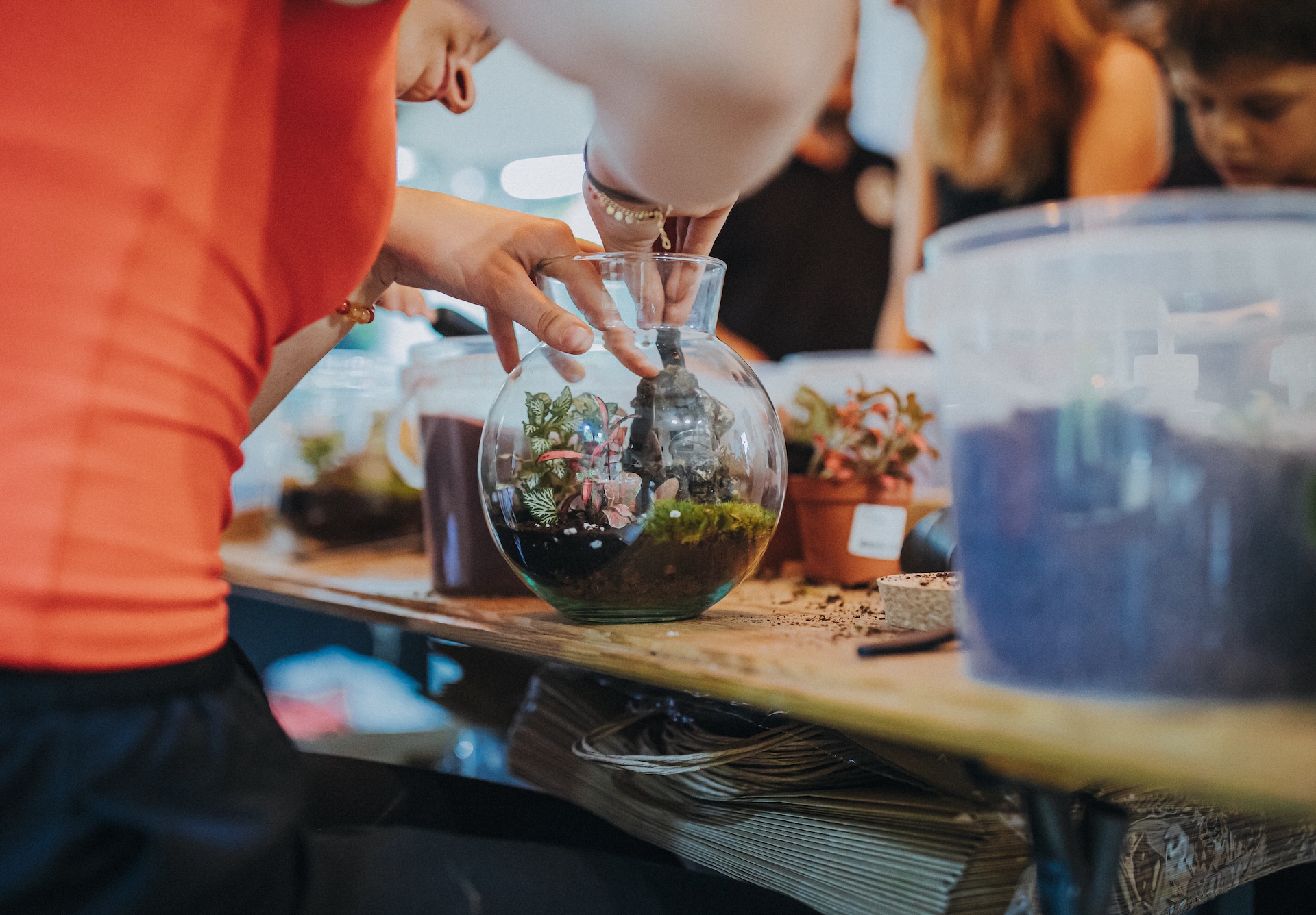 Participante plantant son bocal pendant un atelier terrarium en Morbihan
